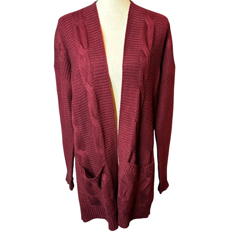 Merokeety Womens Burgundy Cable Knit Open Front Longline Cardigan Sweater Large